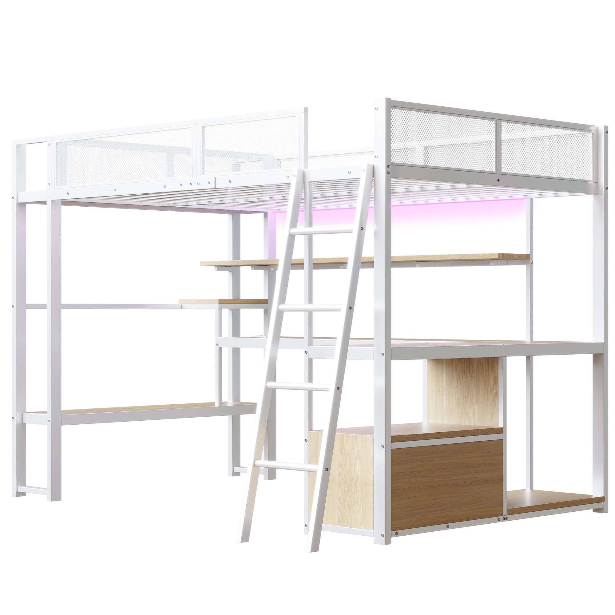 Letto a soppalco Gaming 140x200cm con spazio di lavoro integrato ,metallo letto a castello matrimoniale con illuminazione a LED e spazio di archiviazione,struttura letto140x200 per ado/ragazzi,Bianco