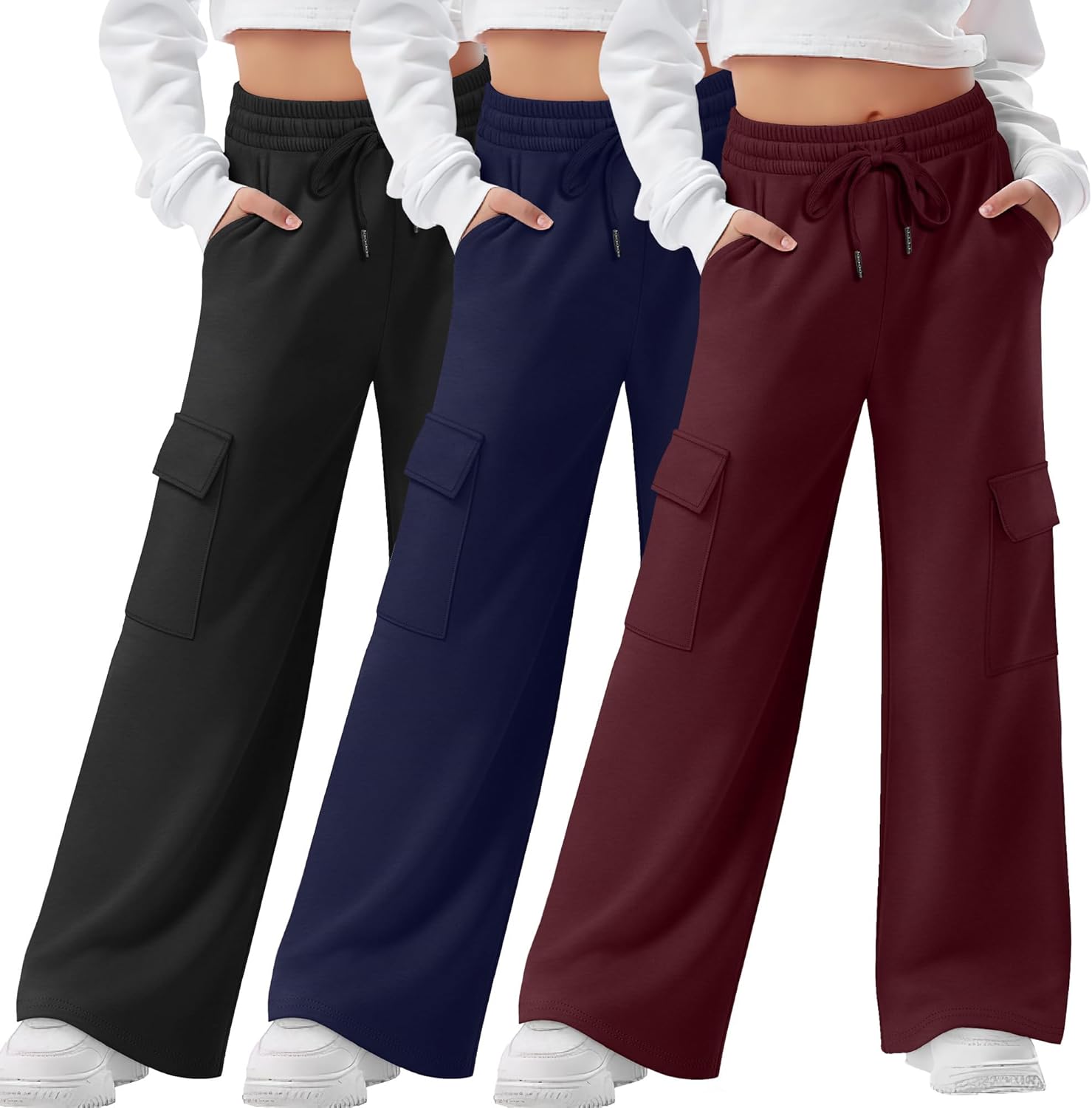 3 Pack Girls Wide Leg Sweatpants Kids Cargo Baggy Pants Drawstring Casual Athletic Joggers for Teens 5-14 Years