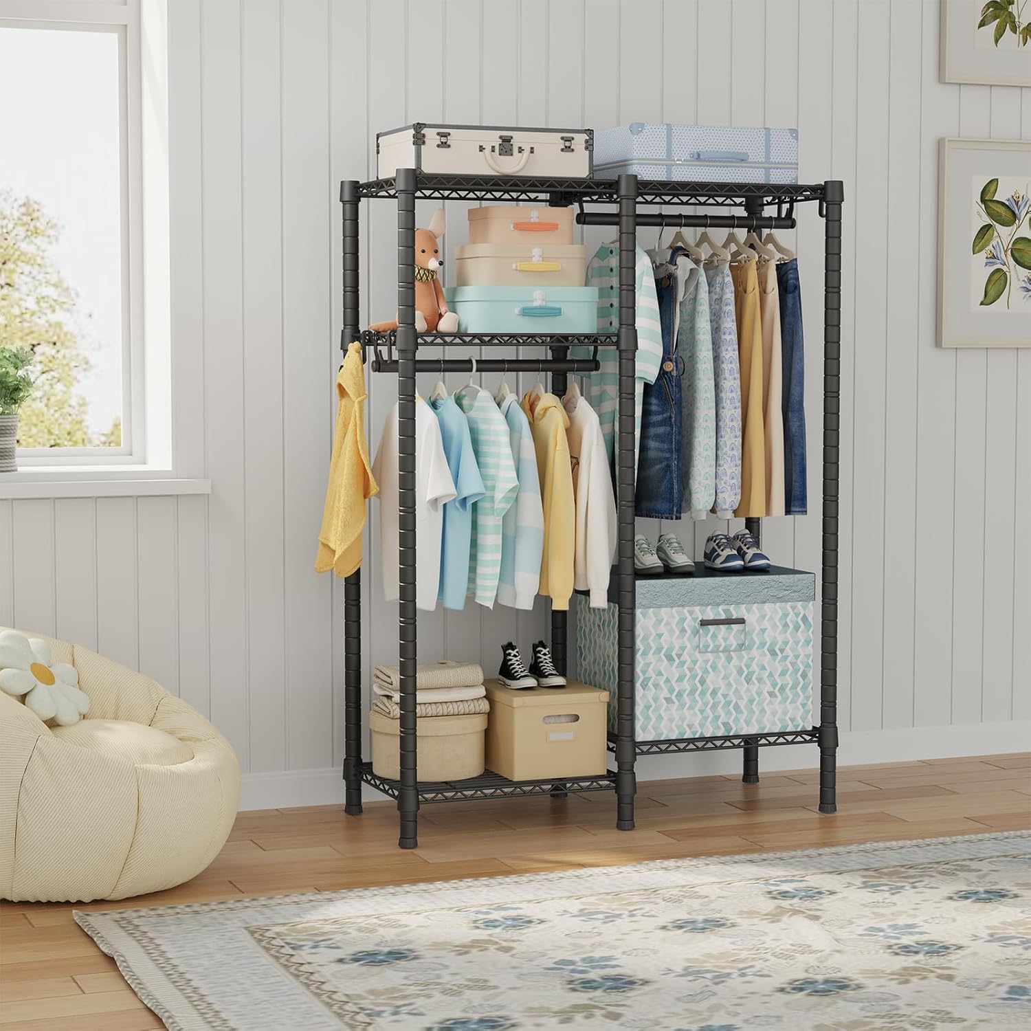 Ulif F1 Garment Rack for Kids, Baby, Students, and Children's Room, 4 Tiers Freestanding and Portable Heavy Duty Closets, Small Metal Clothes Rack with 2 Hanging Rod, 31.2" W x 11.8" D x 48" H, Black