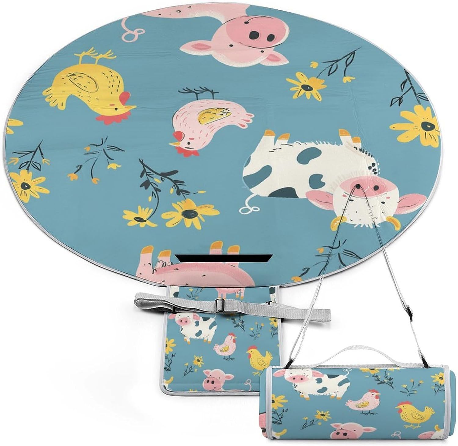 Farm Animal Pattern Round Outdoor Picnic Mat Foldable Waterproof Beach Camping Blanket Outdoor Rug with Sponge Padding