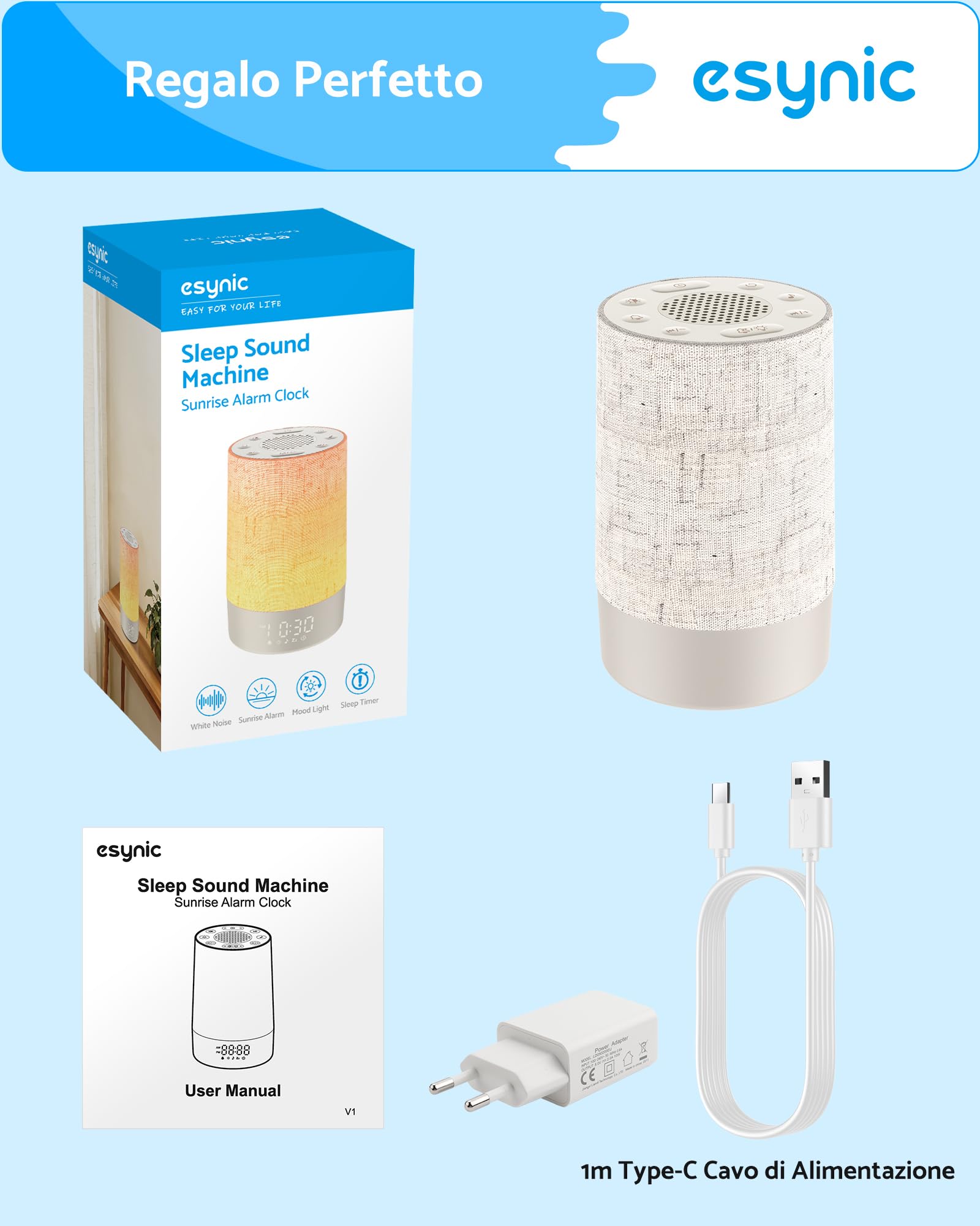 eSynic 2 in 1 Sveglia Luminosa Alba e Macchina Rumore Bianco, Luce Notturna Display Dimmerabile, 30 Suoni Rilassanti, Timer, Snooze, Volume Regolabile, Sunrise Alarm Clock da Comodino con Spina
