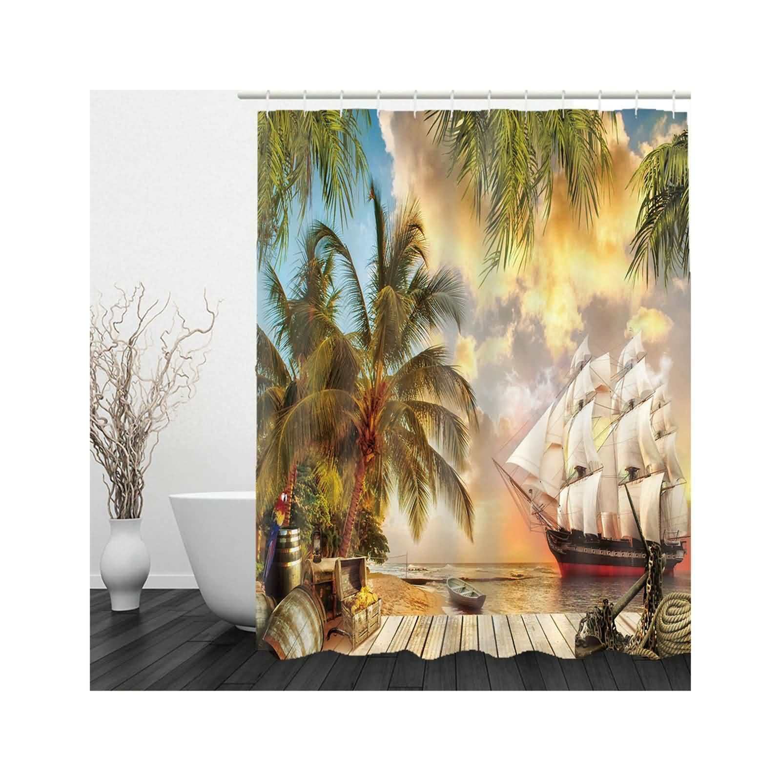 AMDXD Duschvorhang 165x180cm, Kokosnuss Palm Segelboot Bad Vorhang aus Polyester mit 12 Duschvorhangringen, für Badezimmer Badewanne, Waschbar, Schnelltrocknend, Anti-Schimmel, Grün 65x71″