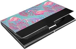 Seamless Summer Tropical Pink Flamingo and Palm Leaves on Blue Business Card Holder Leather, Slim Credit Card Case Stainless Steel Wallet for Women and Men Unisex Business Card Holder