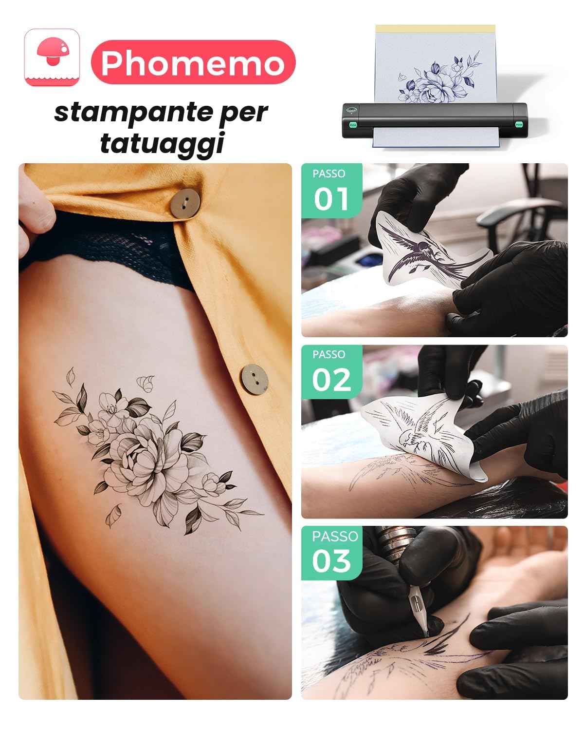 Phomemo M08F Stampante per Tatuaggi per Principianti e Artisti, Stencil Machine Compatibile Con Smartphone, Plotter Stampante Stencil Tattoo con 10 Fogli Trasferimento