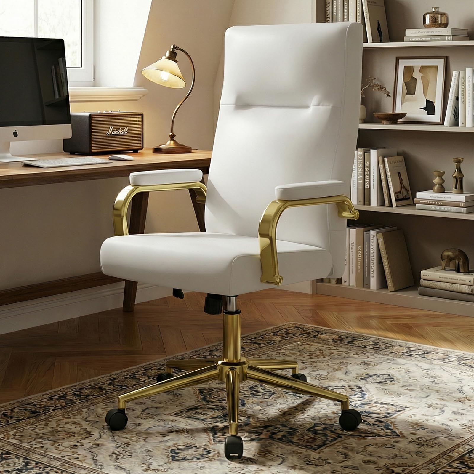 White and Gold Office Desk Chair Memory Foam, High Back Leather Executive Office Chair with Wheels and Arms for Women Girls Teens Adults