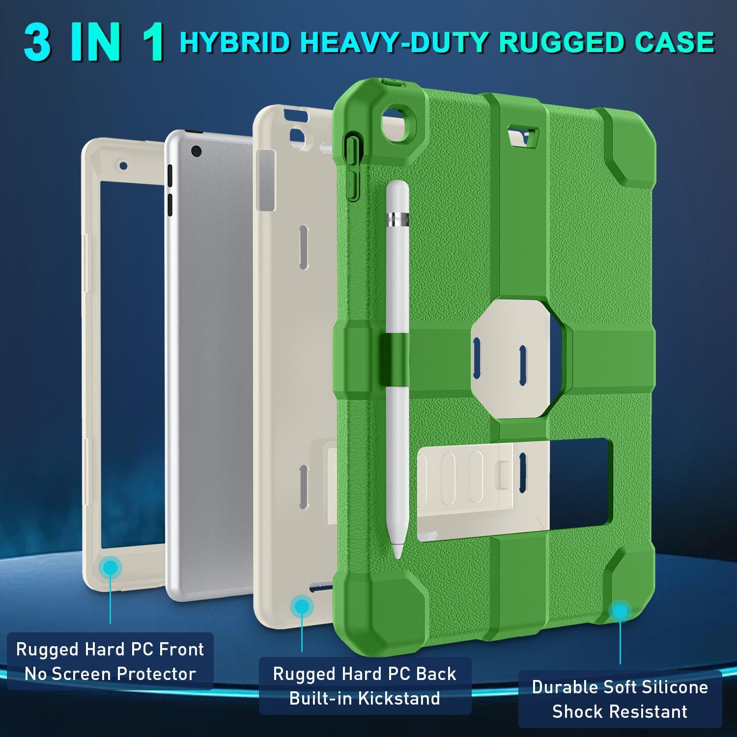 Case for iPad 9th/8th/7th Generation 2021/2020/2019(10.2 inch), Heavy Duty Shockproof Rugged Protective 10.2" Cover with Built-in Stand for iPad 9 8 7 Gen(White+Green)