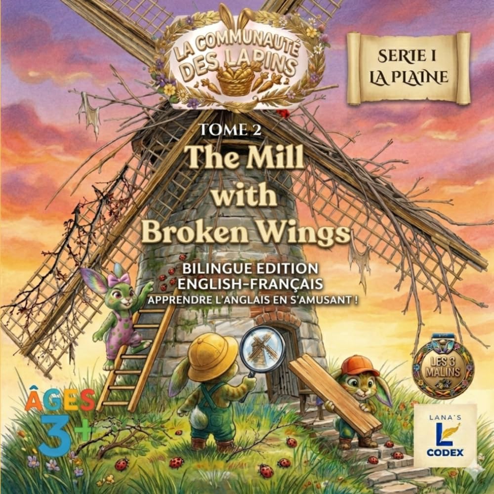 THE MILL WITH BROKEN WINGS: Une aventure des Trois Malins pour apprendre l'anglais (French-English Bilingual Book) (La Communauté des Lapins)