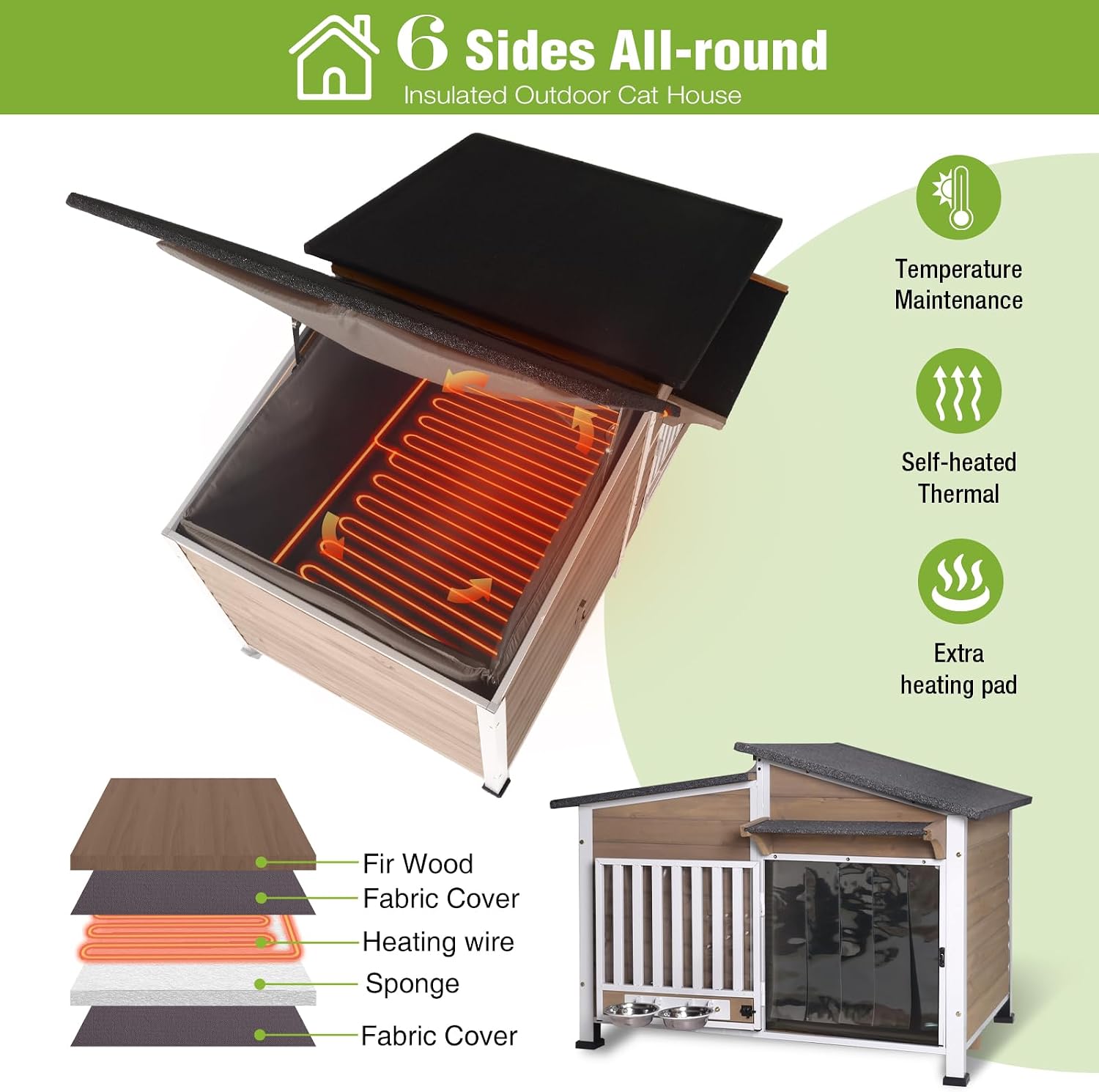 GUTINNEEN Large Heated Dog House Insulated Outdoor Weatherproof Dog Kennel with Safe Heating Pad, Chew-Proof Metal Frame, Rotatable Spill-Proof Bowl for Medium to Large Dog Breeds (Light Brown)