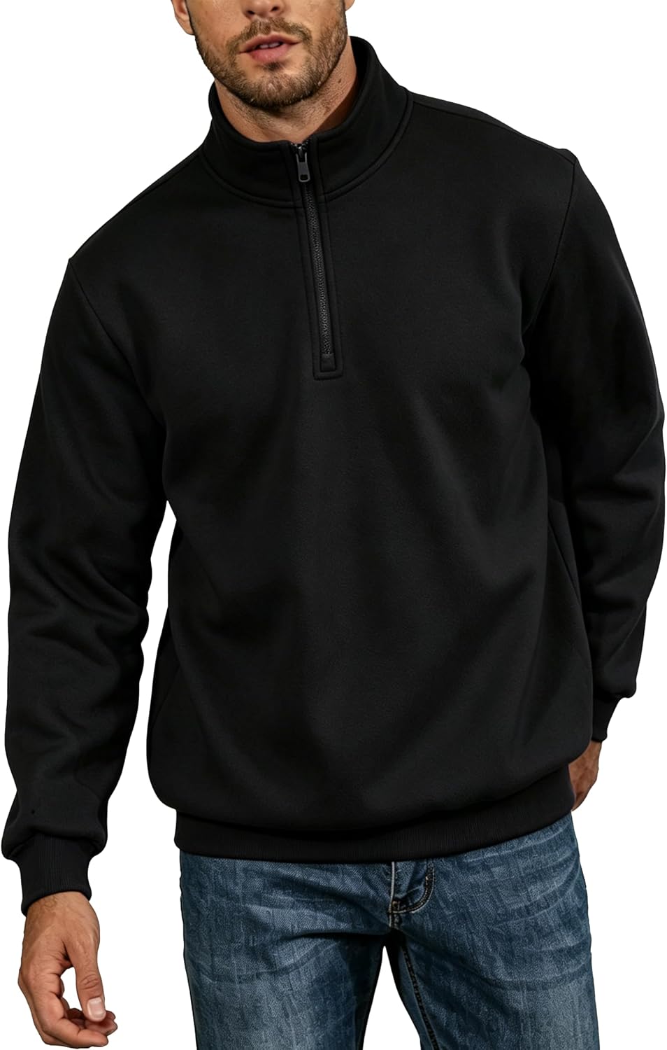 TUVEKE Men's Quarter Zip Pullover Fleece Mock Neck Sweatshirt Long Sleeve Midweight Mens Half Zip Sweater with Seam Pockets