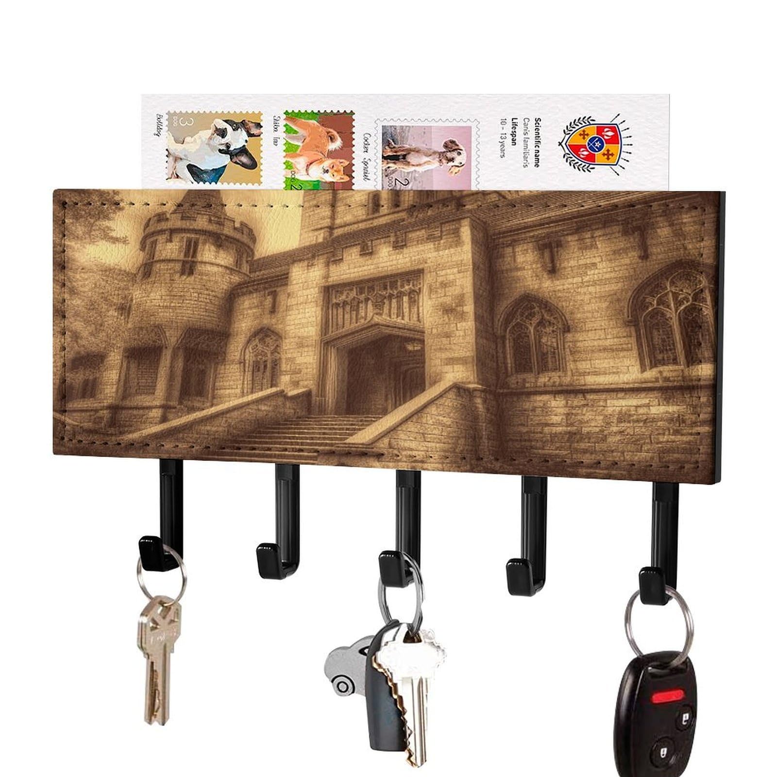 Llavero de castillo medieval con estante de metal y organizador de correo para pared