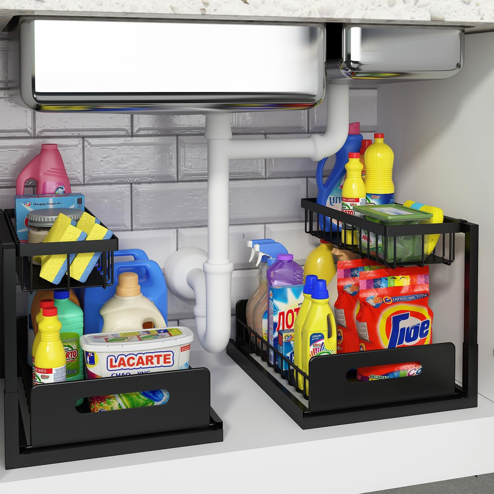 REALINN Under Sink Organizer Pull Out Cabinet Organizer Slide-Out Sink Shelf Cabinet Storage Shelf for Kitchen Bathroom Storage Black 2 Pack