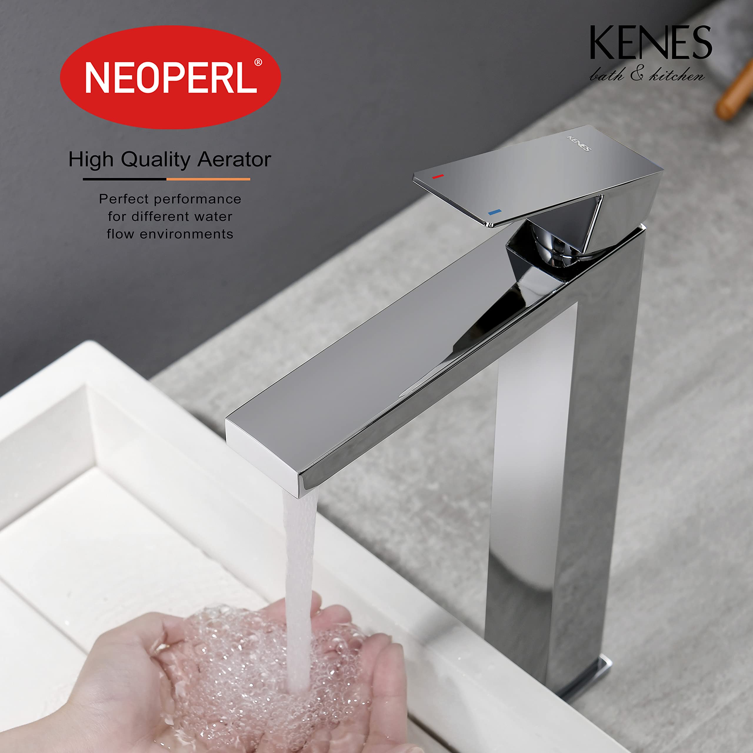 KENES Chrome Bowl Vessel Sink Facuet Single Handle Tall Bathroom Sink Faucet Bathroom Vanity Faucet Basin Mixer Tap with Water Supply Lines and Pop Up Sink Drain, LJ-9031A-5