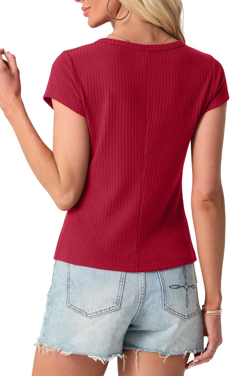 Womens Short Sleeve Shirts Casual Summer Ribbed Knit Tshirts Fitted Button Up Tops - Image 3