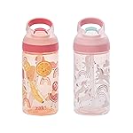 Zak Designs Atlantic Kids Water Bottle For School or Travel, 16oz Durable Plastic Water Bottle With Straw, Handle, and Leak-Proof, Pop-Up Spout Cover, 2-Pack (Fanciful Unicorn and Happy Fruit)