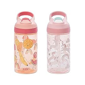 Zak Designs Atlantic Kids Water Bottle For School or Travel, 16oz Durable Plastic Water Bottle With Straw, Handle, and Leak-Proof, Pop-Up Spout Cover, 2-Pack (Fanciful Unicorn and Happy Fruit)