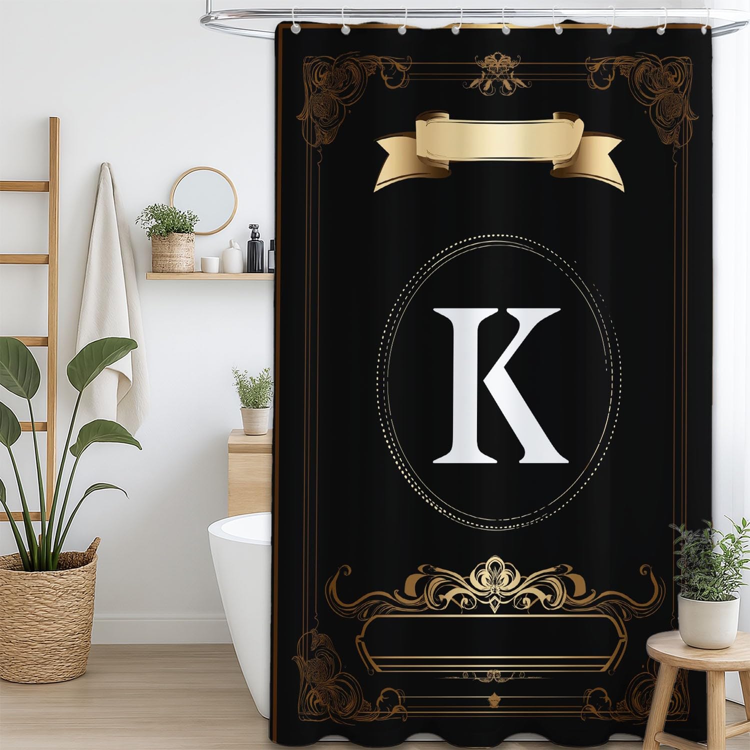 Modern Elegant Duschvorhang 200H x 240B cm Verfeinert Luxus Verziert Schriftrollen-Muster Buchstaben Wasserdicht Duschvorhang für Badezimmer, Badewannen Maschinenwaschbar, Schnell Trocknend