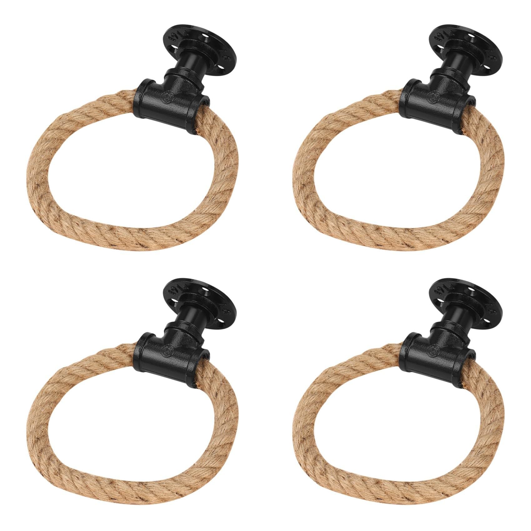 Hndhbfgrt 4X Vintage Towel Rack Ring Industrial Style Wall Mount Towel Holder Iron Pipe Jute Rope Bathroom