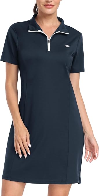 JINSHI Women's Golf Tennis Dress Short Sleeve Stretch Casual Sports Workout Athletic Polo Dresses with Zip Pockets