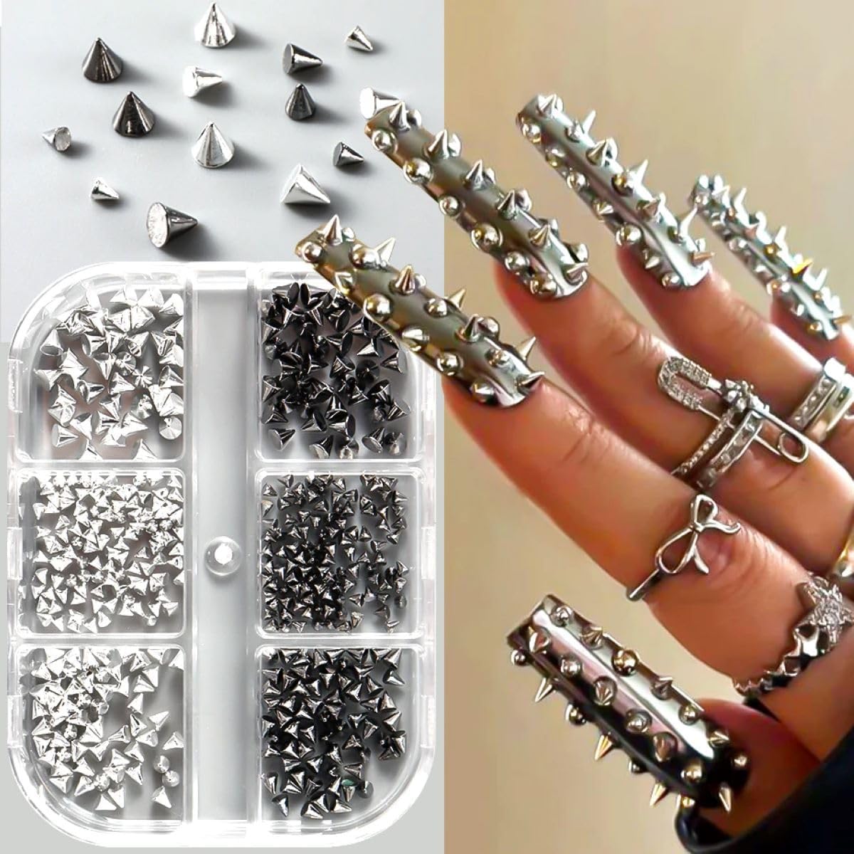 Nail Art Studs 3D Mini Metal Mixed Sizes Spikes Alloy Rivets Jewelry Steel Balls DIY Crafts Decorations Women Goth Manicure Charms Accessories (Black Silver)