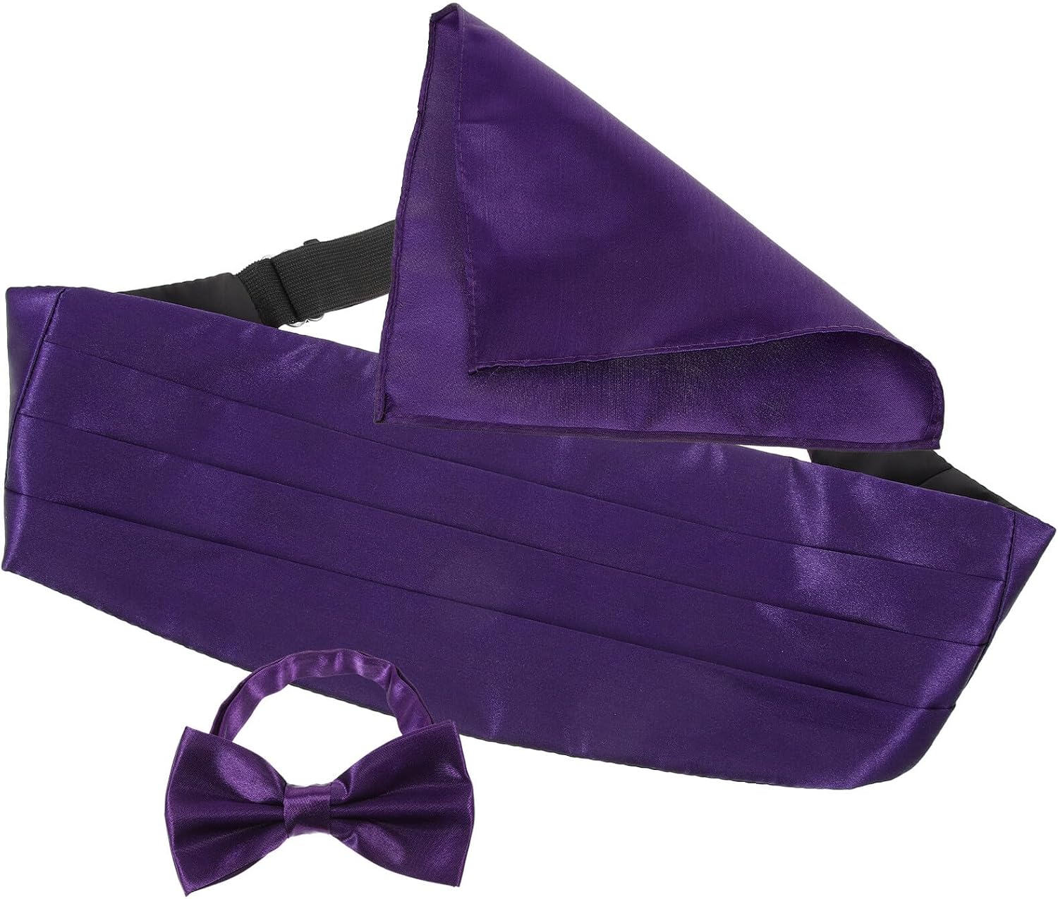 Cummerbund Bow Tie and Pocket Square Set for Men, Pre-tied Bow Tie with Smooth Satin Cummerbund and Stain-resistant Handkerchief, Deep Purple Formal Wedding Accessory for Tuxedos