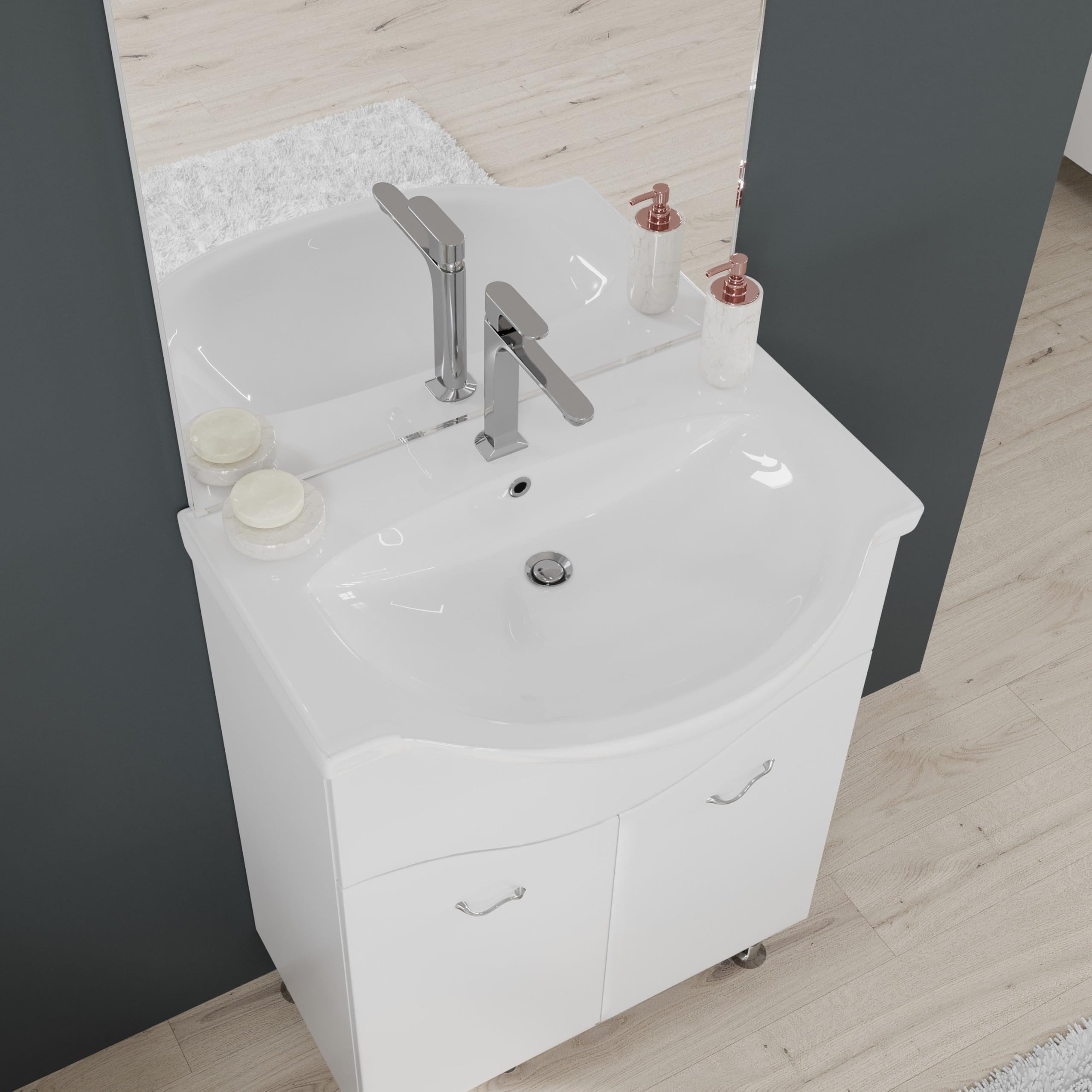 Kiamami Valentina - Mobile bagno a terra 65cm 2 ante, specchio con led bianco lucido | Easy