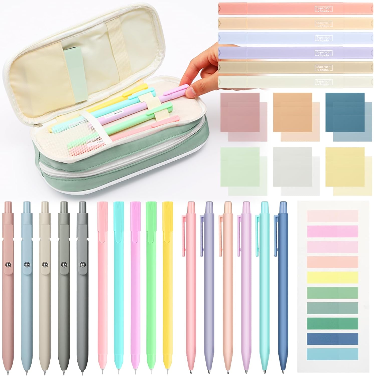 30 Pcs Aesthetic School Supplies with Pencil Case 6 Mechanical Pencil 5 Ballpoint Pen 5 Quick Dry Pen 6 Pastel Highlighter Transparent Sticky Index Tab for Student Stationary Essentials(Green)