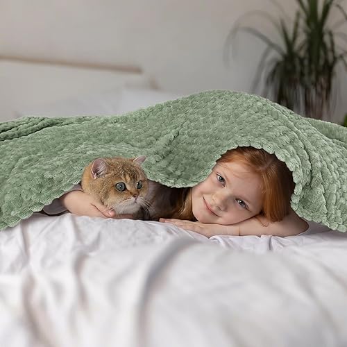 Vista 110 de Vessia Manta de franela de forro polar, 300GSM, acogedora manta a rayas verde salvia para sofá, cama y sofá, cálida y suave, acogedora manta