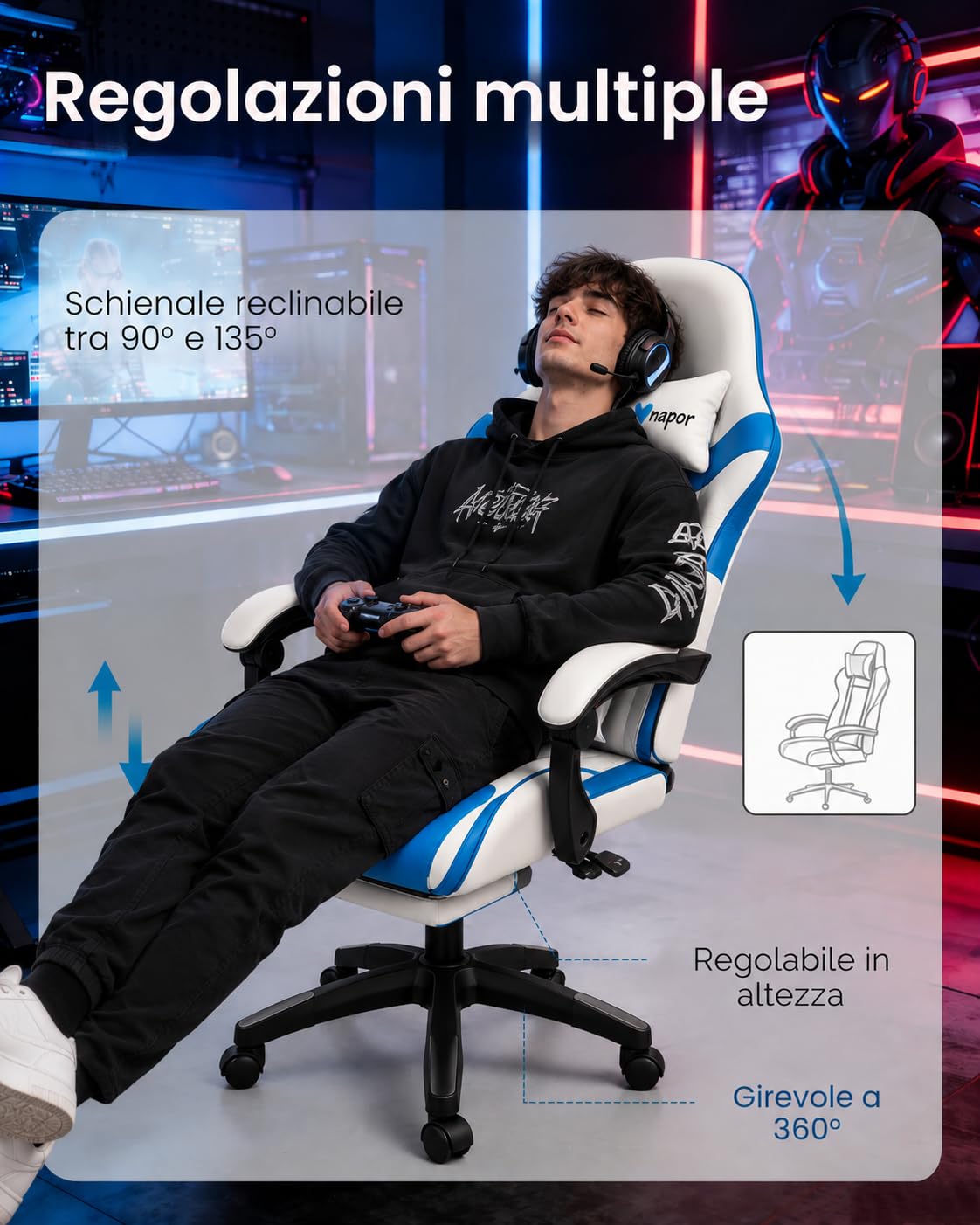 Sedia Gaming Ergonomica I Love Napoli Reclinabile con Cuscini Schienale 90°-135°, altezza regolabile, rotazione 360°, supporto lombare, poggiapiedi, cuscino collo, ruote, gaming e ufficio