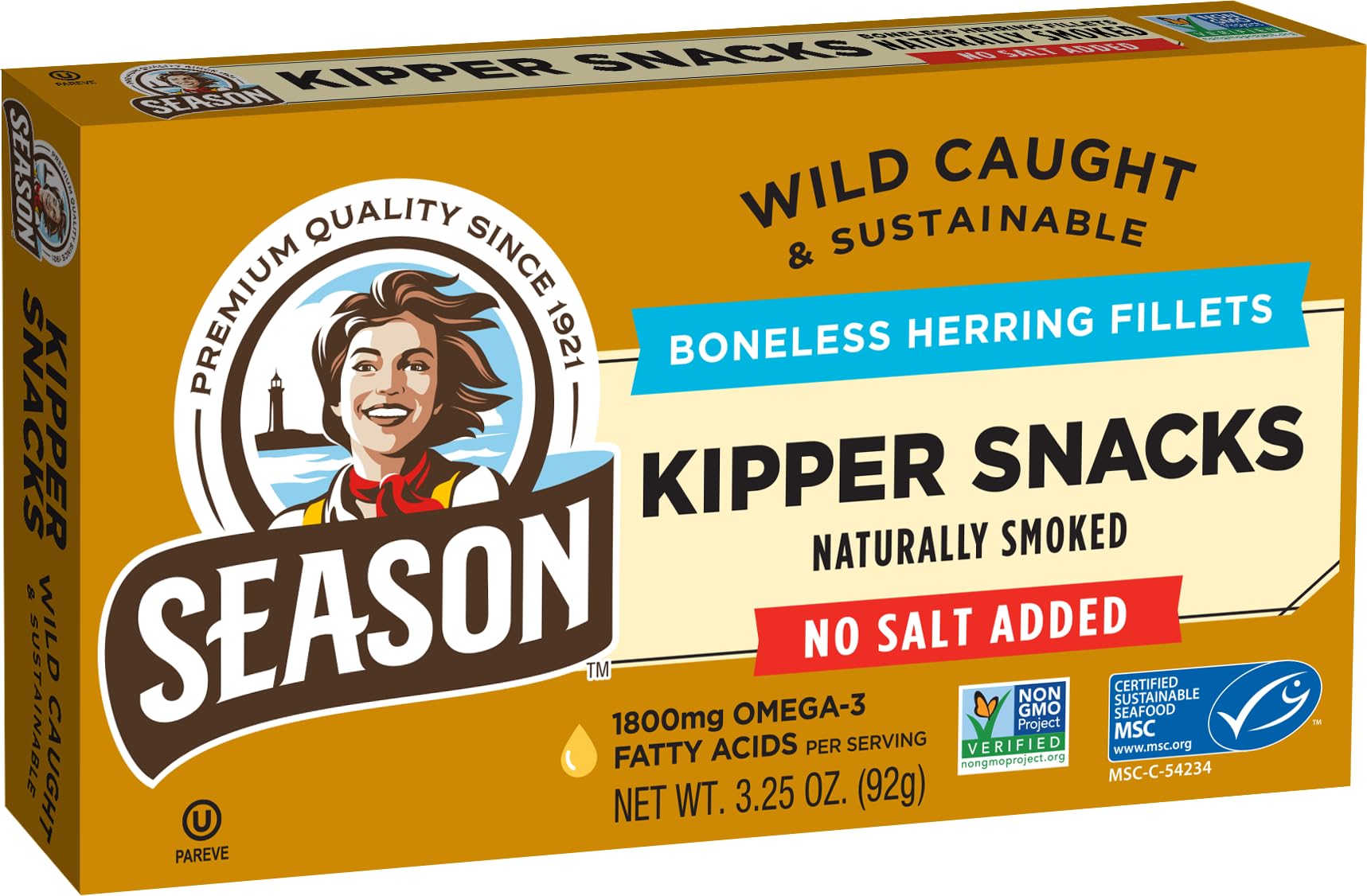 SeasonKipper Snacks - Boneless Herring Fillets, No Salt Added, Naturally Smoked, Wild Caught, Keto Snacks, Certified Sustainable Seafood, Non-GMO, 18g of Protein - 3.25 Oz, 12-Pack
