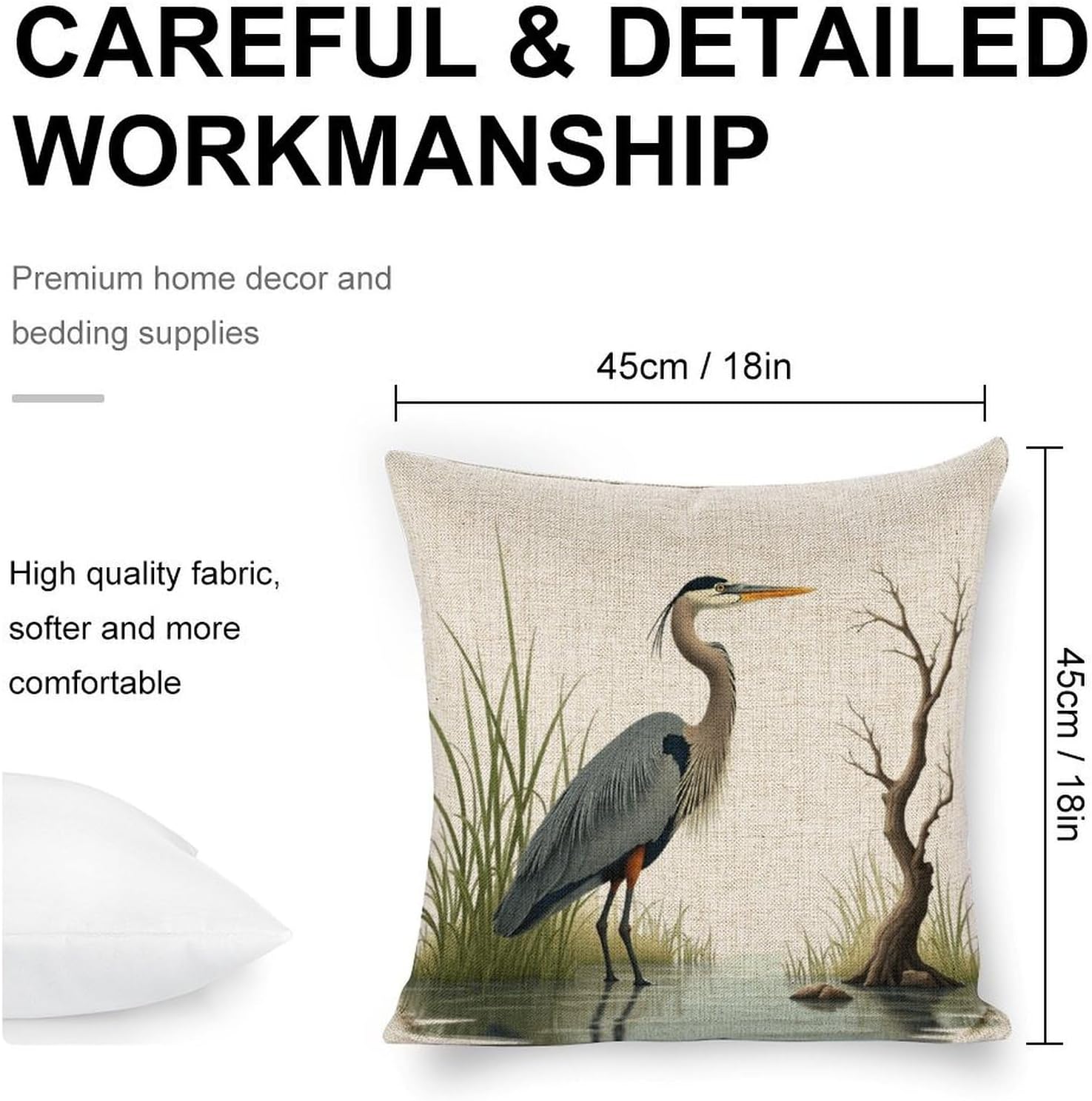 Throw Pillow Cover 18 x 18 Blue Heron in Water with Grass Couch Sofa Decorative Pillowcase Cushion Cover Square Linen Pillow Case for Bed Living Room - Image 2