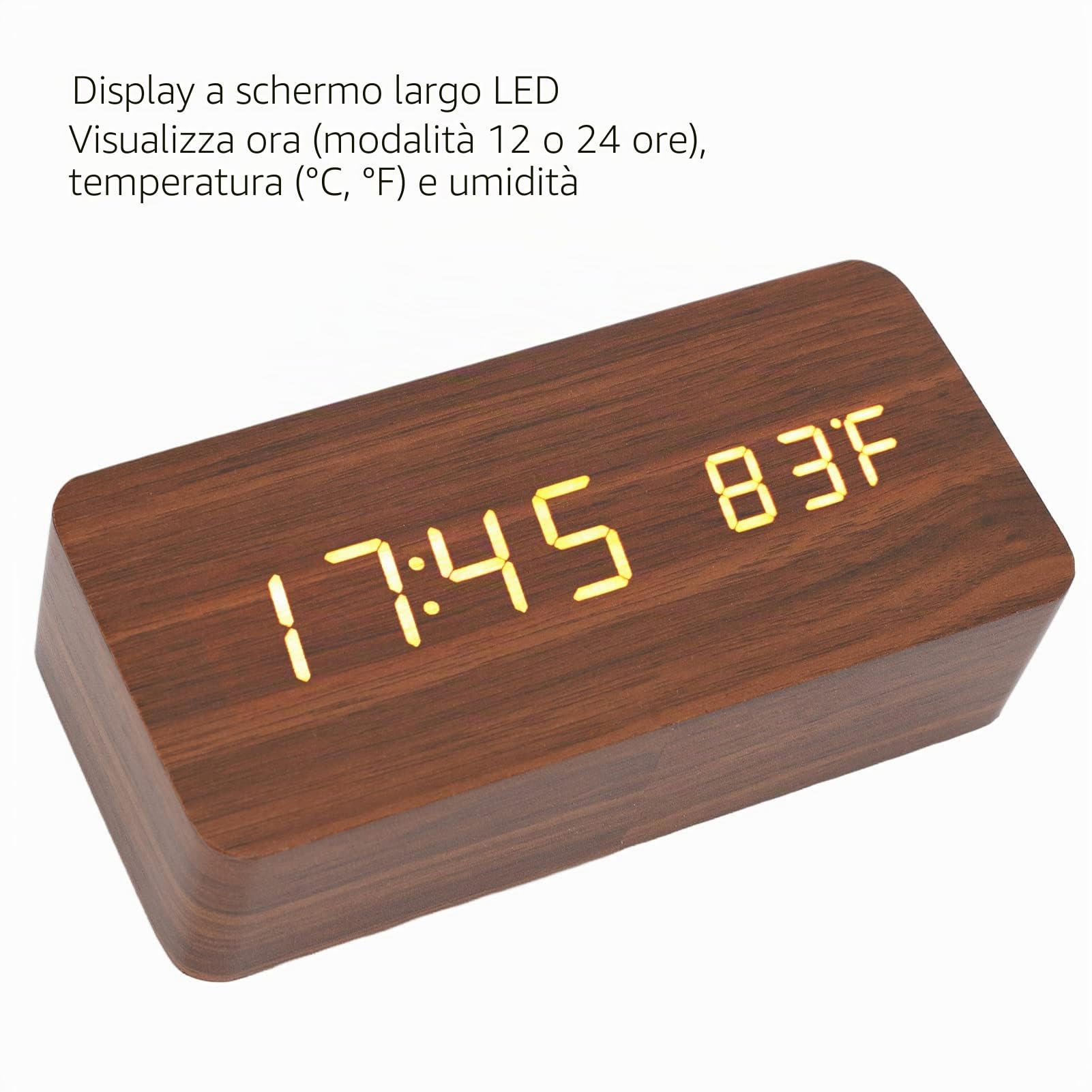Orologio a LED in legno, sveglia digitale con 3 livelli di luminosità elettronica, grande display a colori, orologio digitale da scrivania con display a umidità temporanea, ufficio, camera da letto