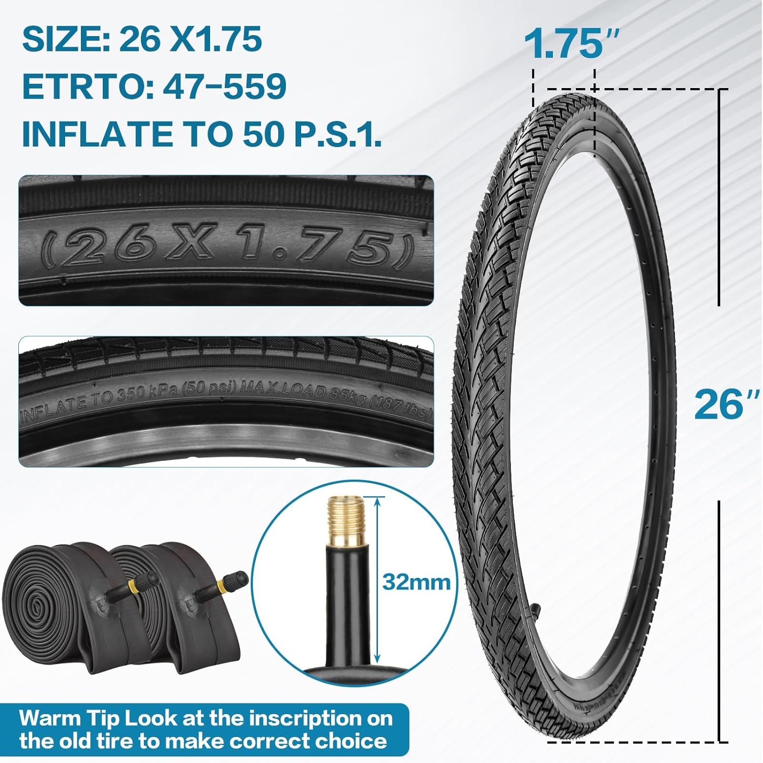 20/24/26 Inch Bike Tire, 20x1.75/24x1.75/26x1.75 Foldable Bicycle Tires & Tubes, 32mm Schrader Valve with Repair Kit, Rim Strip, Levers for MTB, Hybrid, Commuter, BMX Bicycles
