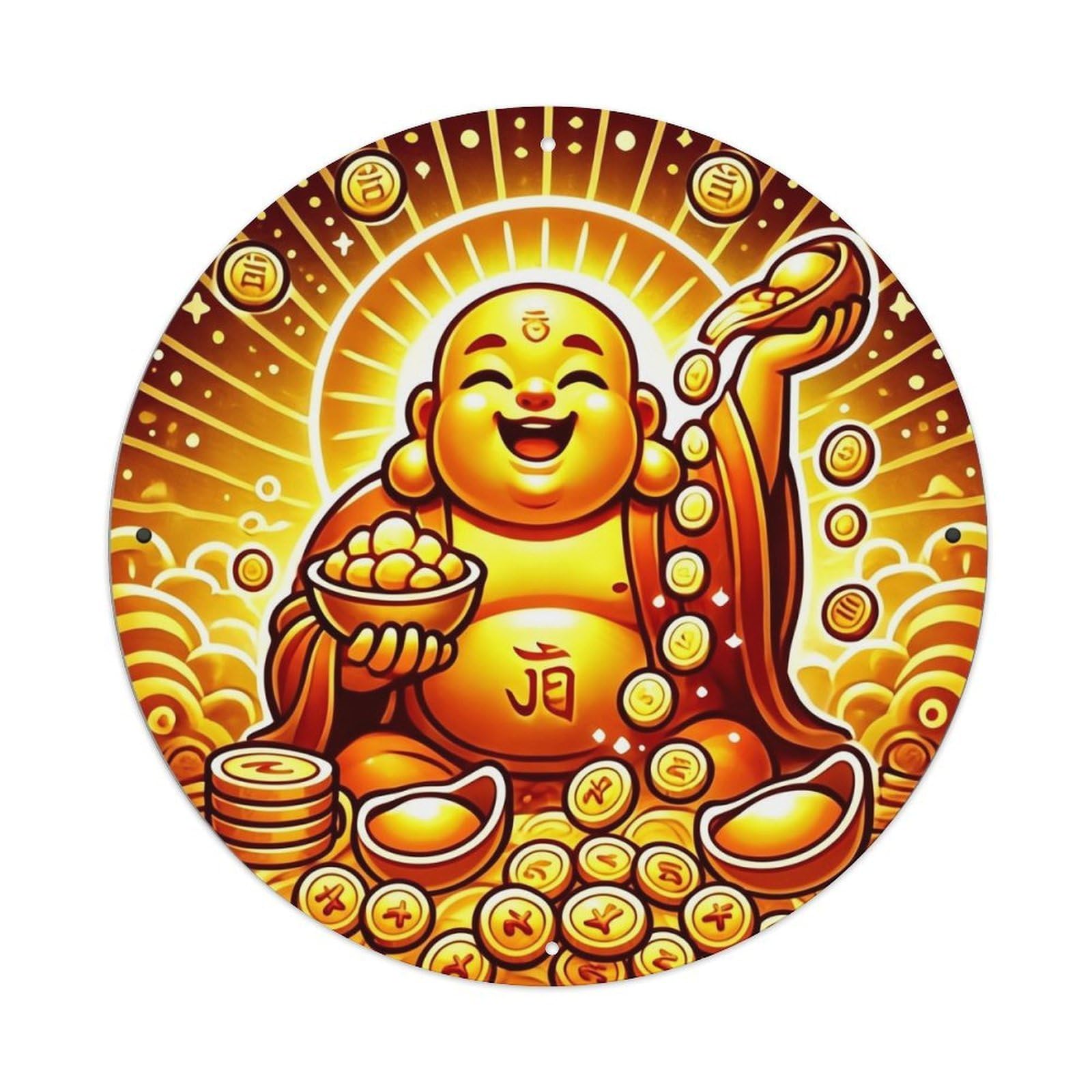Jdyansheng Vintage Golden Laughing Buddha Wealth Pattern Tin Sign Metal Poster Metal Signs For Home Man Cave Bar Cafe Kitchen Laundry Room Wall Decorations 8X8 Inches