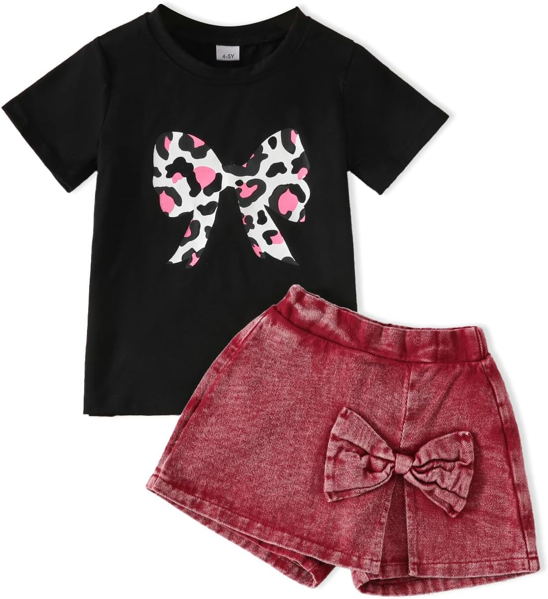 kid Young Girl Clothes Outfits Cute Sweet Bowknot Print T-Shirt + Bowknot 2 In 1 Denim Short Summer Clothing Set