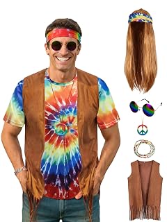 Hippie Costume for Men 60s 70s - Tie Dye Shirt with Fringe Vest Wig Set Retro Outfit sets