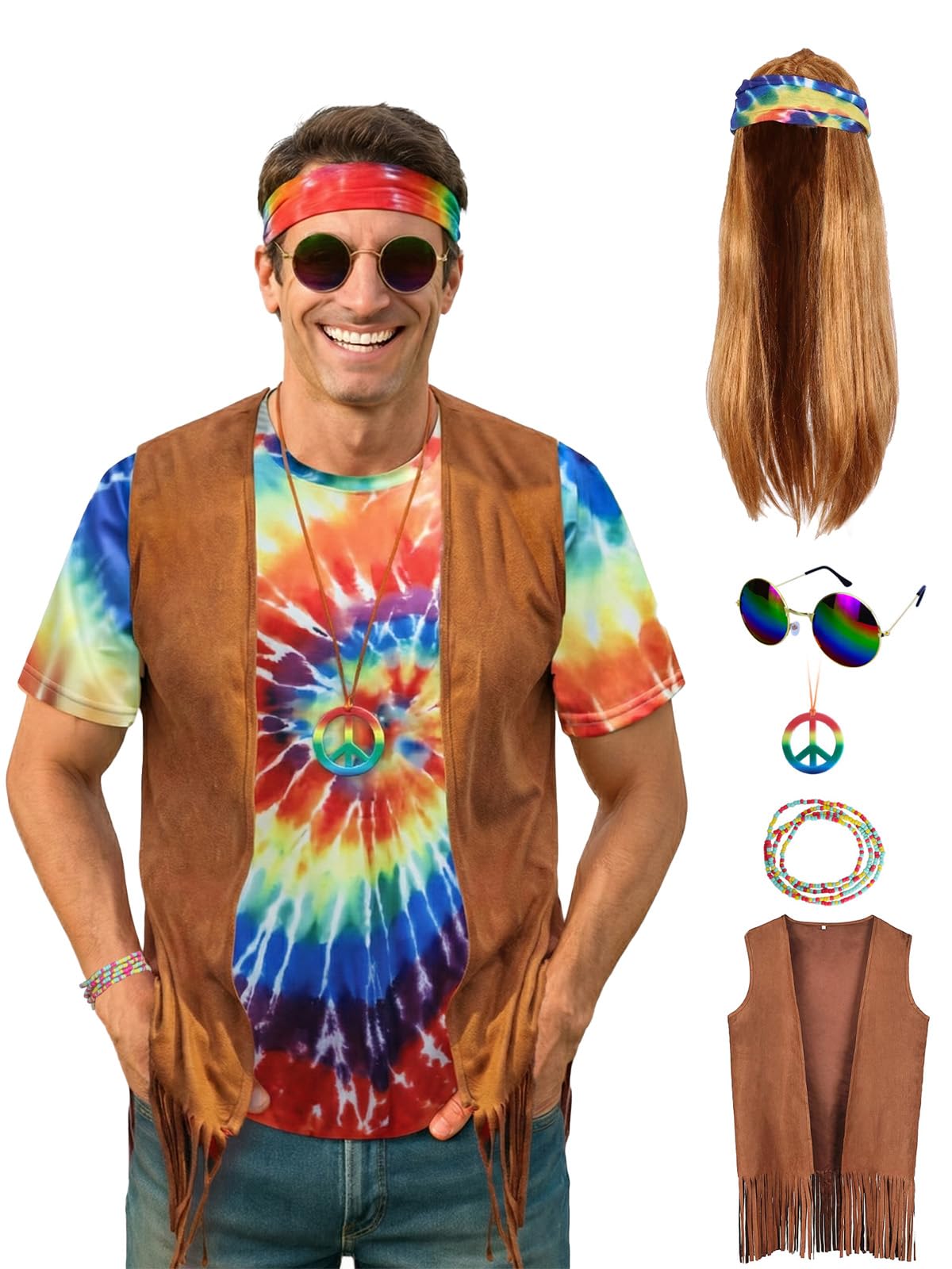 Hippie Costume for Men 60s 70s - Tie Dye Shirt with Fringe Vest Wig Set Retro Outfit sets
