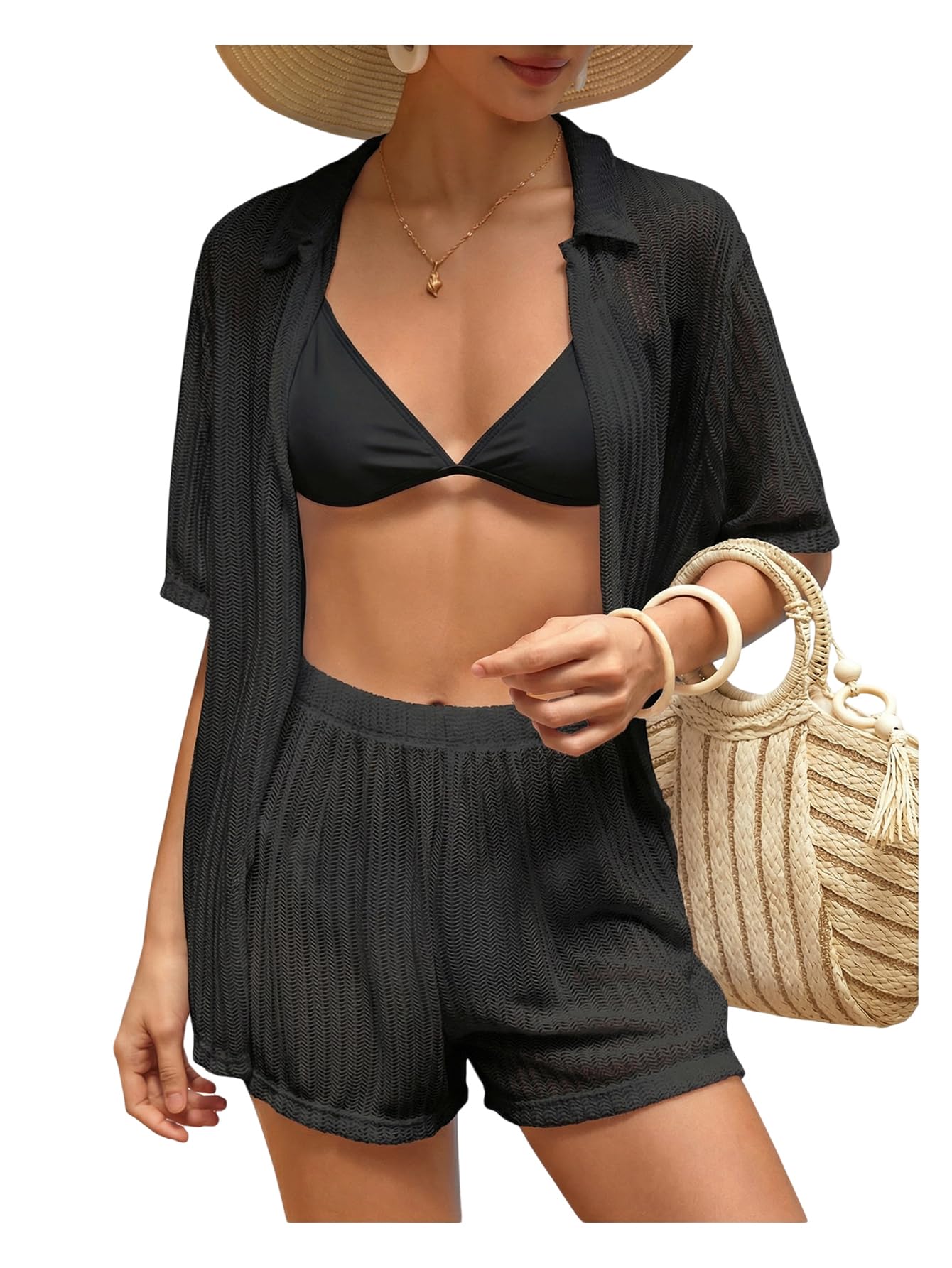 Women 2 Piece Swimsuit Set Short Sleeve Open Front Hollow Out Swimsuit with Shorts-image-46