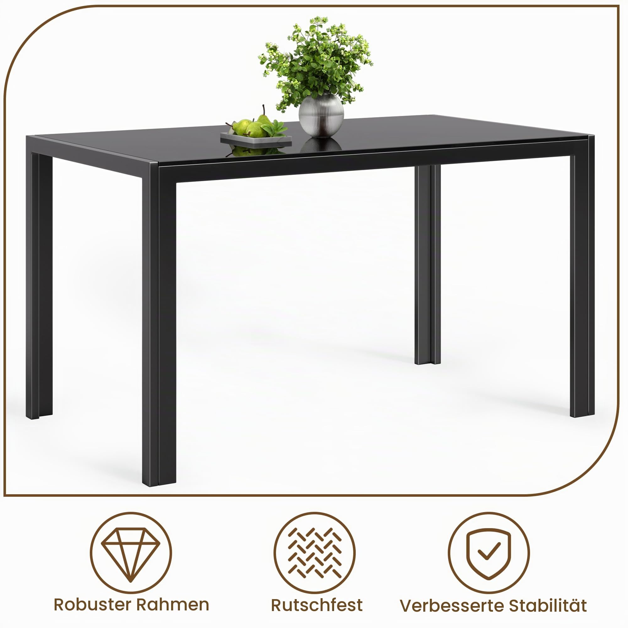 Bealife Esstisch aus gehärtetem Glas,120x70x75 cm,Moderner Küchentisch mit Metallgestell, Kratzfest & Hitzebeständig – Für Küche, Wohnzimmer，Esszimmer oder Kaffeeecke，Homeoffice (Schwarz, 120*70*75)