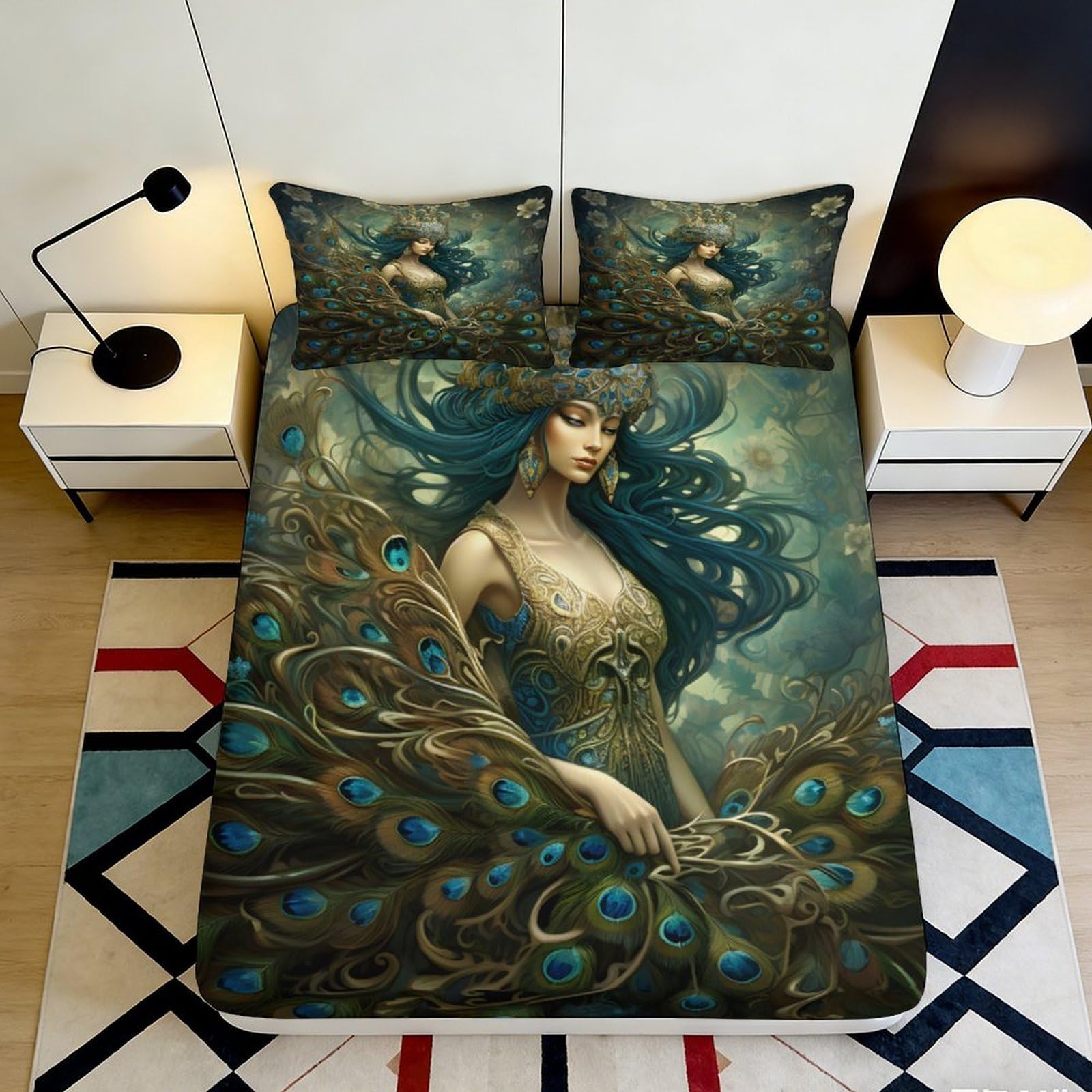 3D Printed Peacock Woman Fitted Sheet Microfiber Soft Durable 3D Printed Peacock Feathers Mattress Cover for Bedroom Guest Room Dormitory 200x200x25cm