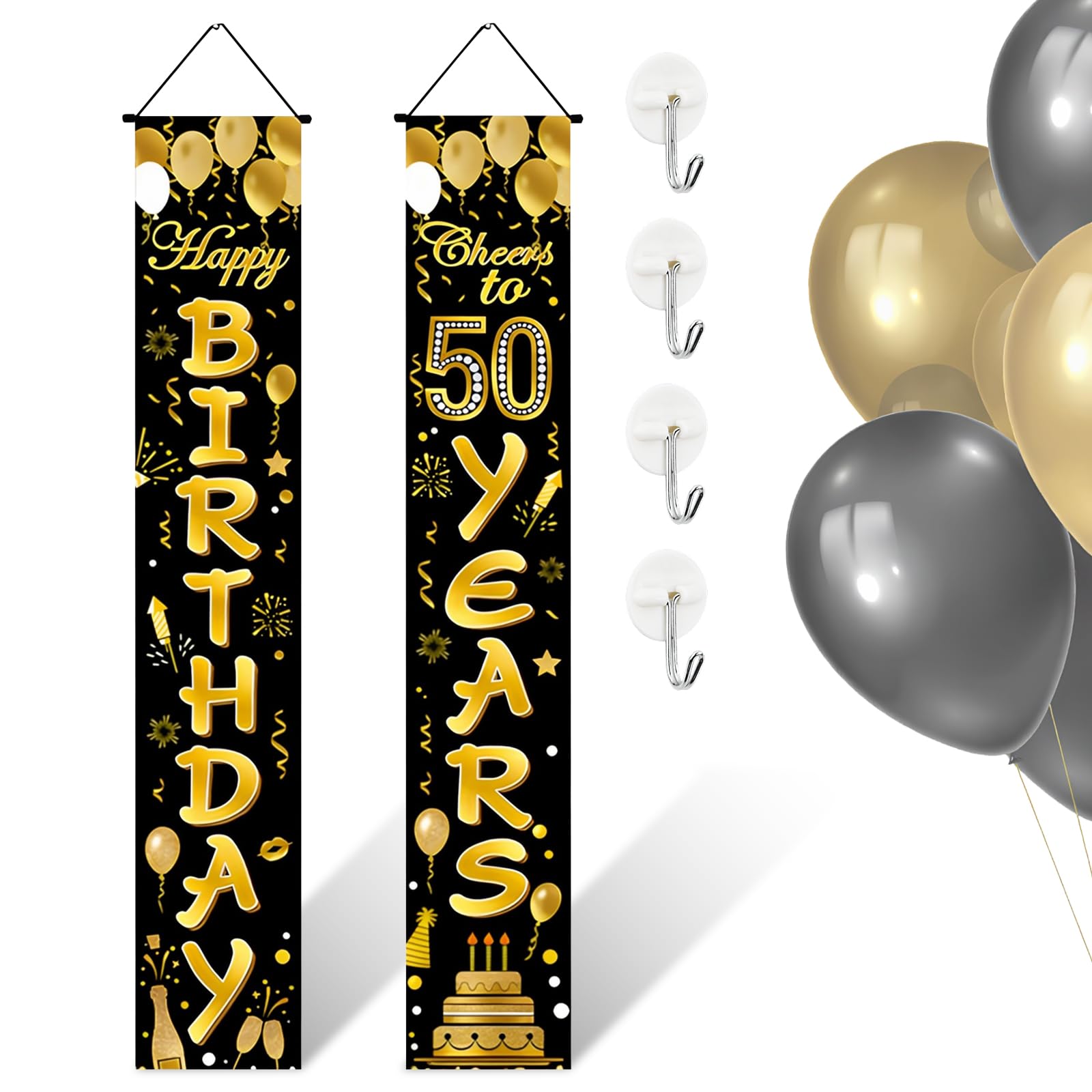 Striscione Compleanno 50 Anni Oro E Nero – Poster Fotografico Gigante 185x110 Cm Con Palloncini E Torta, Decorazioni Festa Per 50° Compleanno