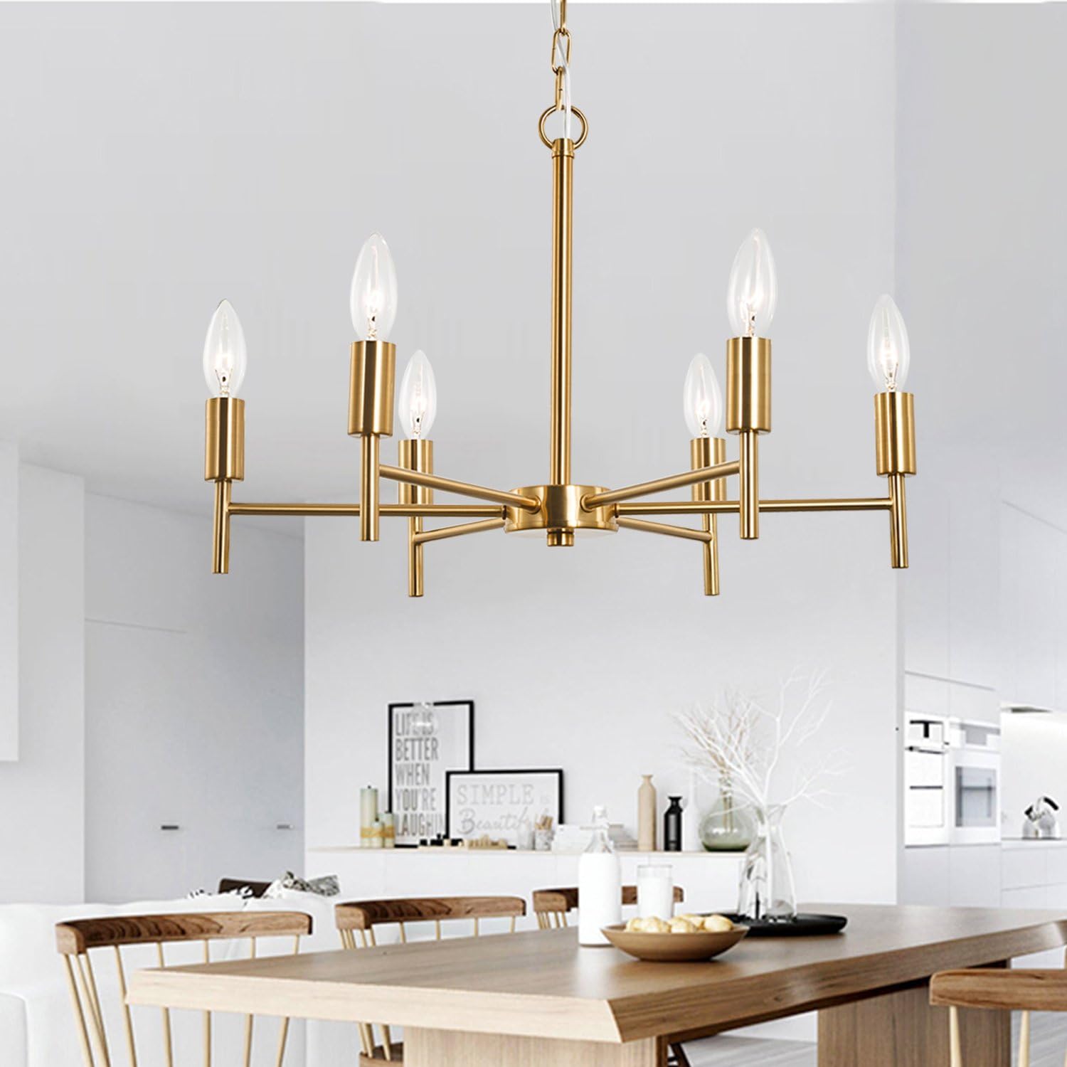 Get Discount 70% Price Chandelier Contemporary 6 Lights Brushed Brass Modern Pendant Lighting Ceiling Light Fixture, Indoor Candle 21 Chandelier for Dining Room, Bedroom, Living Room, Kitchen,Foyer and Entryway