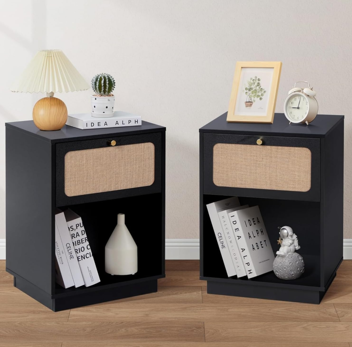 AVZEAR Mid Century Night Stand Set of 2, Modern Nightstand with Drawer & Curved Linen Panel, Farmhouse End Table Wood Bedside Table Small Sides Tables for Small Space, Bedroom(Black)