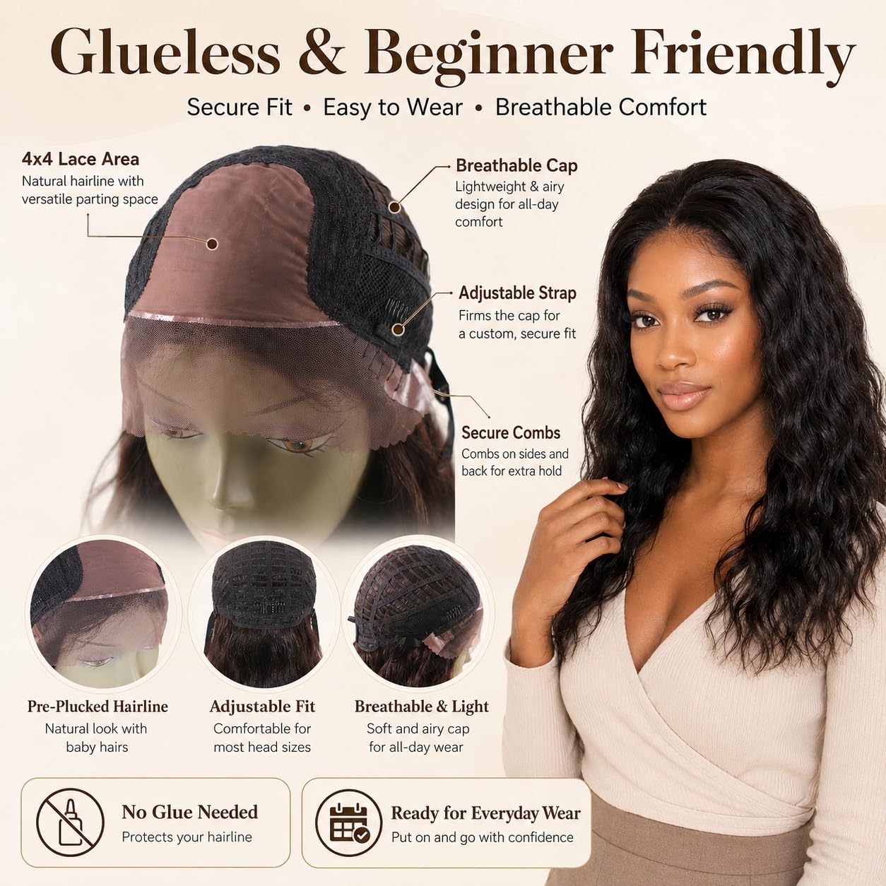 24 Inch Body Wave Human Hair Wig, 4x4 Lace Front Glueless Wig Natural Black, 150% Density Pre Plucked Hairline Wig for Black Women