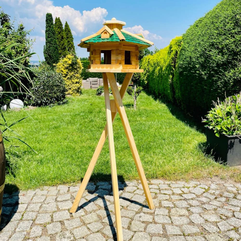 Ręcznie wykonana karma dla ptaków domek L sześciokątny domek dla ptaków z drewna dozownik pokarmu + stojaki naturalne/zielone