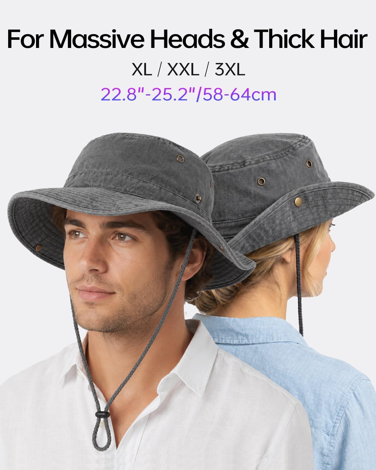 Zylioo XXL Boonie Sun Hat for Big Heads, Washed Wide Floppy Brim Hiking Hat with Chin Strap, Cooling Safari Fishing Hat