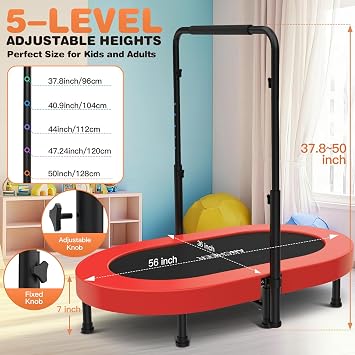 ANCHEER Trampoline, Mini Trampoline with Adjustable Handle -Indoor/Outdoor Rebounder for Kids & Toddlers, 56'' Safe Oval Fitness Trampoline with Bar for Home Fun