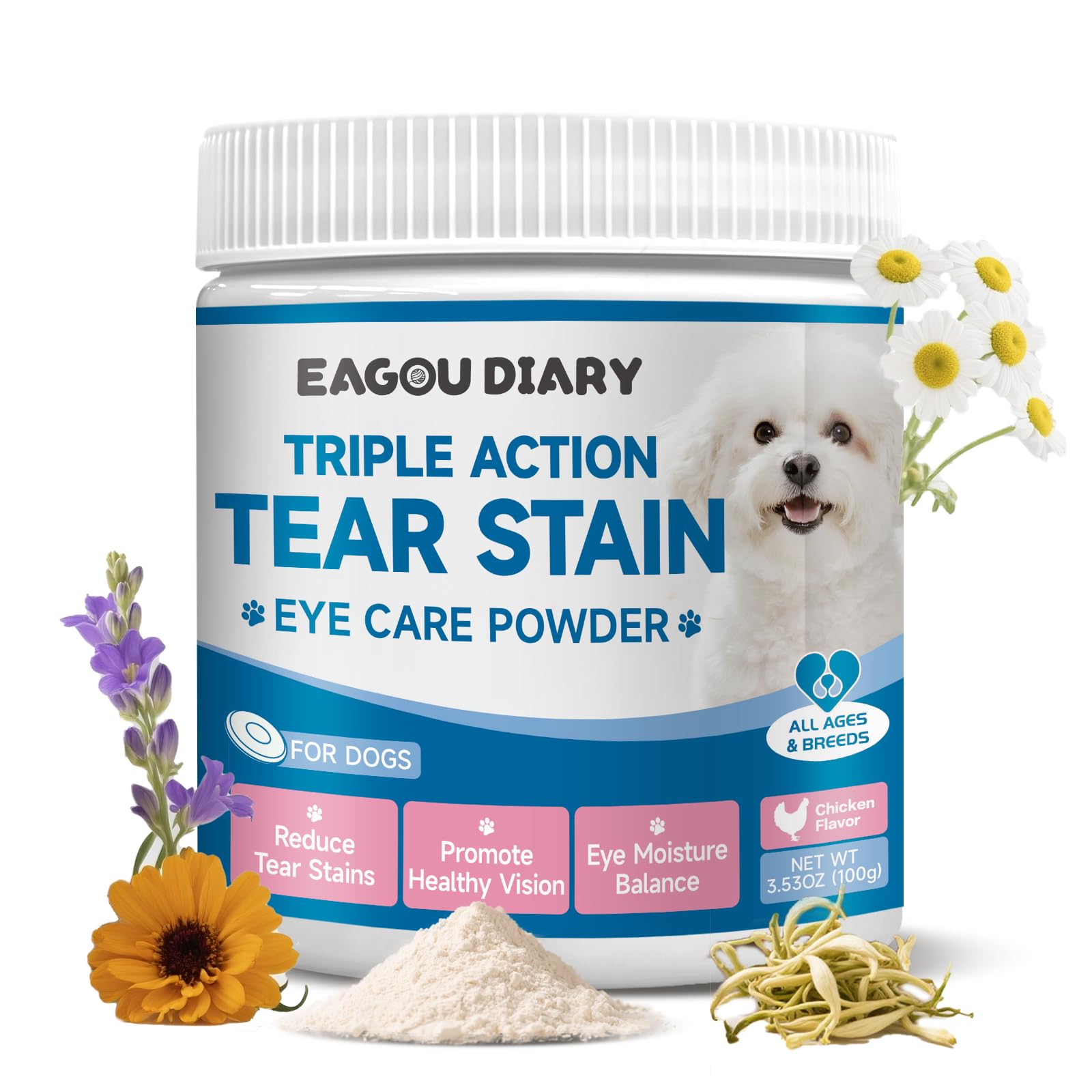 Removedor de Manchas de lágrimas para Perros, Suplemento para Manchas de lágrimas en Perros, para la Salud Ocular y el Cuidado del Pelaje Blanco, con Luteína, Manzanilla, Mezcla de Probióticos, 100g