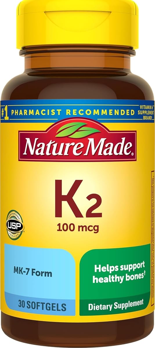 Vitamina K2 100 mcg, 30 cápsulas blandas | Suplemento de vitamina K2, forma de vitamina K2 MK7 para ayudar a mantener los huesos sanos, verificado por la USP, suministro para 30 días