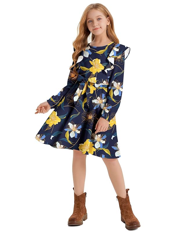 Quedoris Girls Ruffle Trim Long Sleeve Belted Dress with Zipper Navy Floral Fall 160Y by Quedoris - Image 2