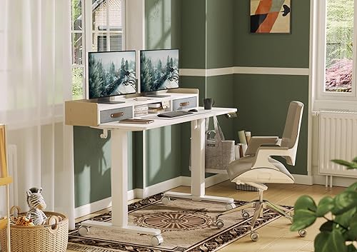 Miniatura 2 de Claiks Escritorio de pie con cajones, escritorio eléctrico de pie de altura ajustable con estante de almacenamiento y tablero de empalme, 55